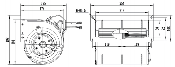 Dimension of SF133A-D092A Forward Curved Double Inlet Φ 133-190