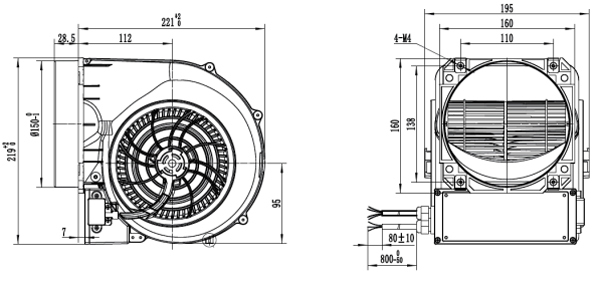 Dimension of SF146D-E092A Forward Curved Double Inlet Φ 146-150