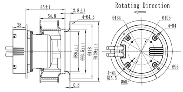 Dimension of BC133A-E072A3 Backward Curved Fan Φ 133-55 Dimension of BC133A-E072A3 Backward Curved Fan Φ 133-55