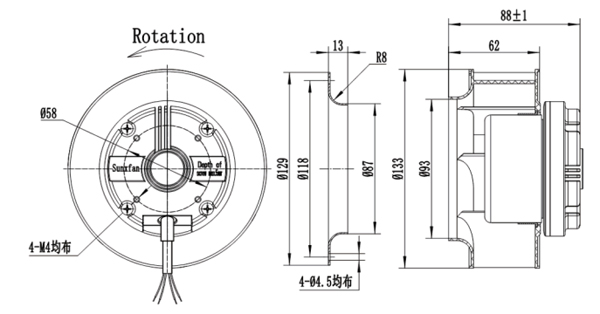 Dimension of BC133A-E072A3 Backward Curved Fan 2 Speed Stages Φ 133 Dimension of BC133A-E072A3 Backward Curved Fan 2 Speed Stages Φ 133