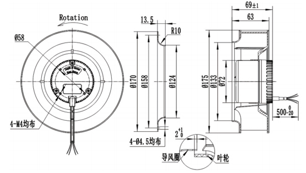Dimension of BC175A-D72A Backward Curved Fan Φ 175-62