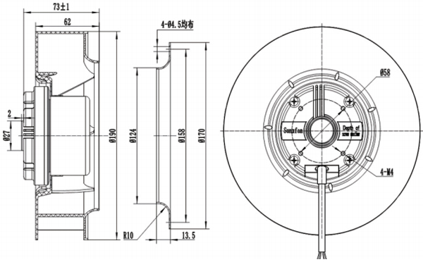 Dimension of BC190A-E072B3 Backward Curved Fan 2 Speeds Φ 190 Dimension of BC190A-E072B3 Backward Curved Fan 2 Speeds Φ 190