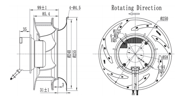 Dimension of BC250A-E092A3 Backward Curved Fan Φ 250-86 Dimension of BC250A-E092A3 Backward Curved Fan Φ 250-86
