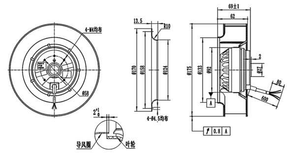 Dimension of BC175A-A092A2 Backward Curved Fan Φ 175-62 Dimension of BC175A-A092A2 Backward Curved Fan Φ 175-62
