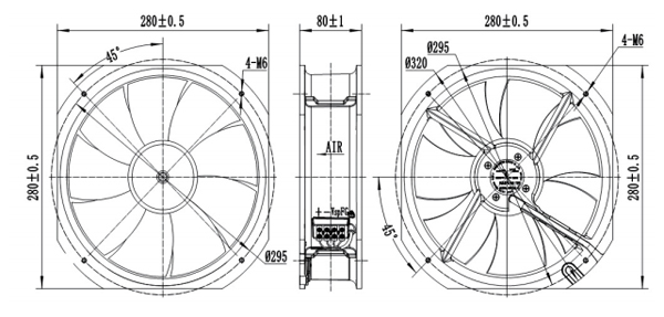 Dimension of AG250A-D092A Axial Fan 280-80A Dimension of AG250A-D092A Axial Fan 280-80A