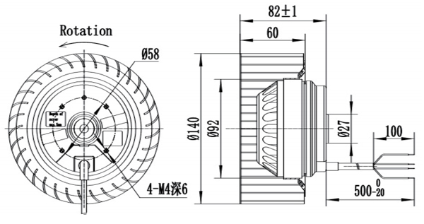 Dimension of DF140B-A092C2-00 Forward Curved Fan Φ 140-62