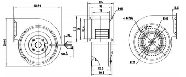 Dimension of DG140B-A092C2-01 Forward Curved Single Inlet Φ 140B-62